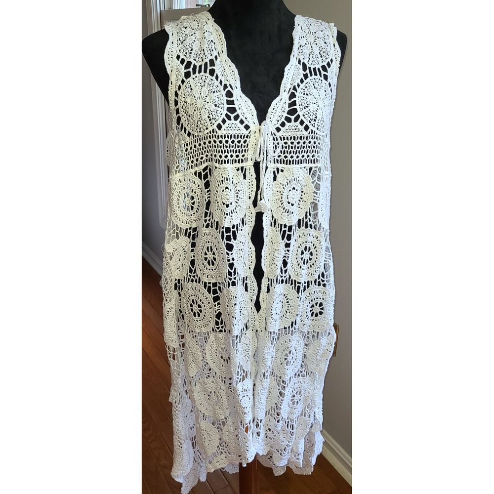 NWT Sleeveless Lace Crochet Womens shoreline Cover Up Cardigan Boho Festival XL